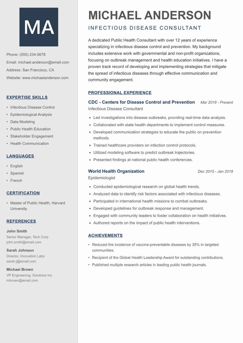Public Health Consultant resume sample — Infectious Disease Consultant focus