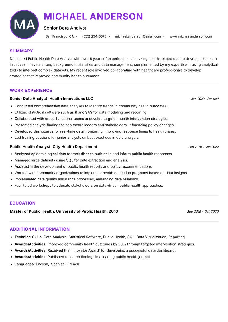 Public Health Data Analyst resume example