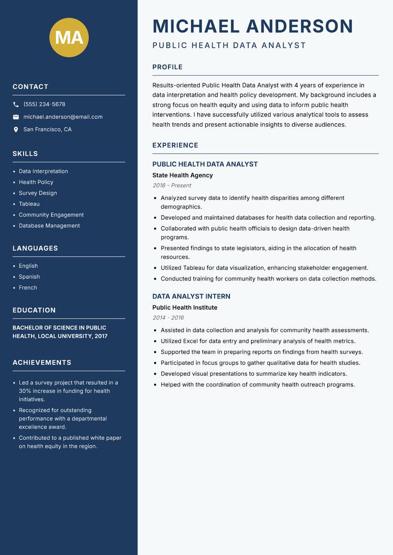 Public Health Data Analyst resume sample — Public Health Data Analyst focus