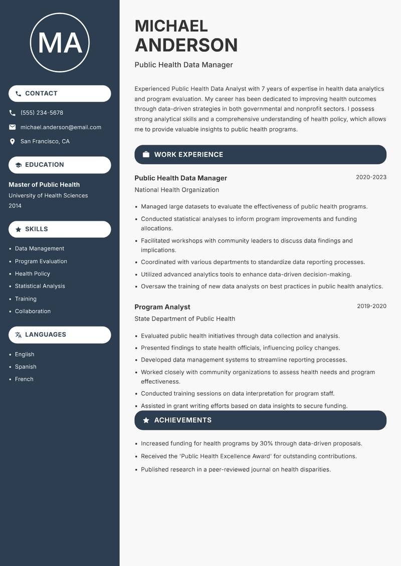 Public Health Data Analyst resume sample — Public Health Data Manager focus
