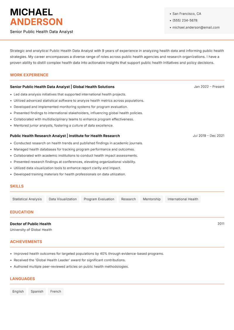 Public Health Data Analyst resume sample — Senior Public Health Data Analyst focus