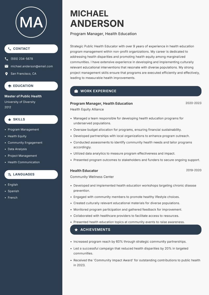 Public Health Educator resume sample — Program Manager, Health Education focus