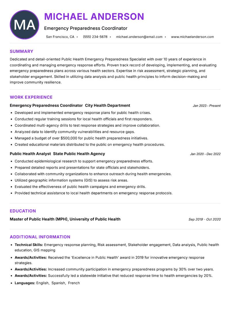 Public Health Emergency Preparedness Specialist resume example