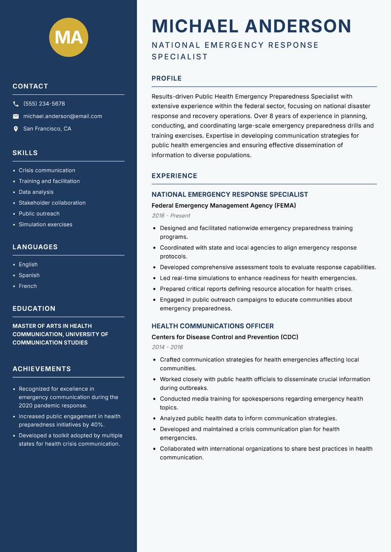 Public Health Emergency Preparedness Specialist resume sample — National Emergency Response Specialist focus