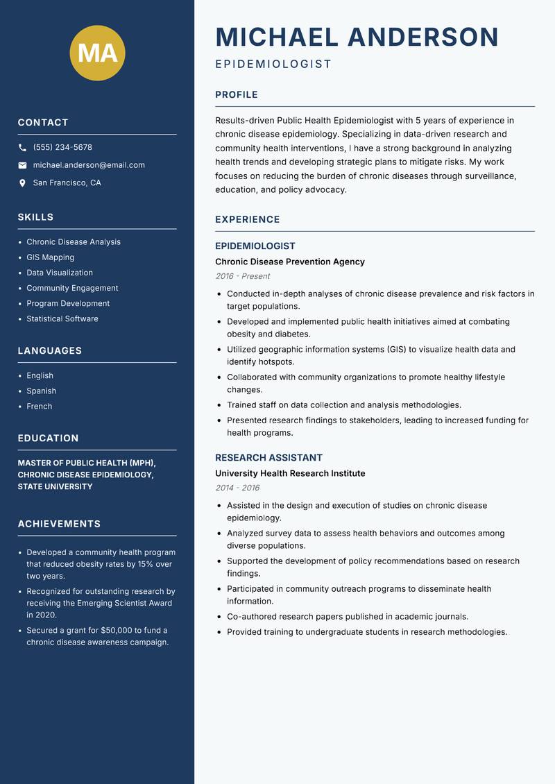 Public Health Epidemiologist resume sample — Epidemiologist focus