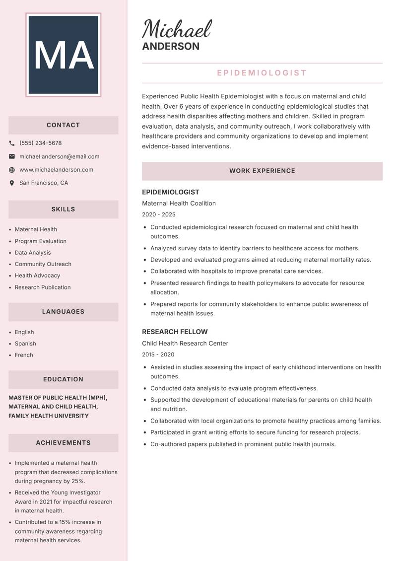 Public Health Epidemiologist resume sample — Epidemiologist focus