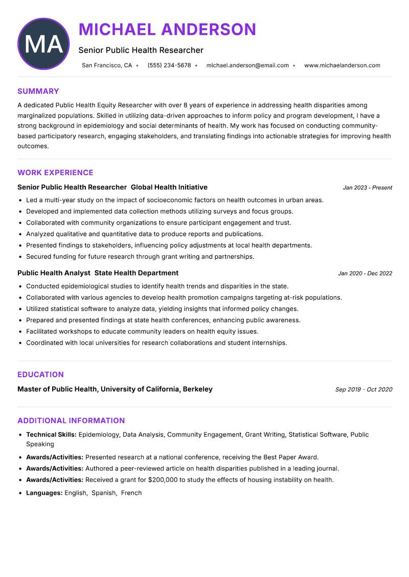 Public Health Equity Researcher resume example