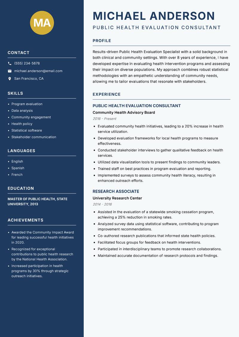 Public Health Evaluation Specialist resume sample — Public Health Evaluation Consultant focus