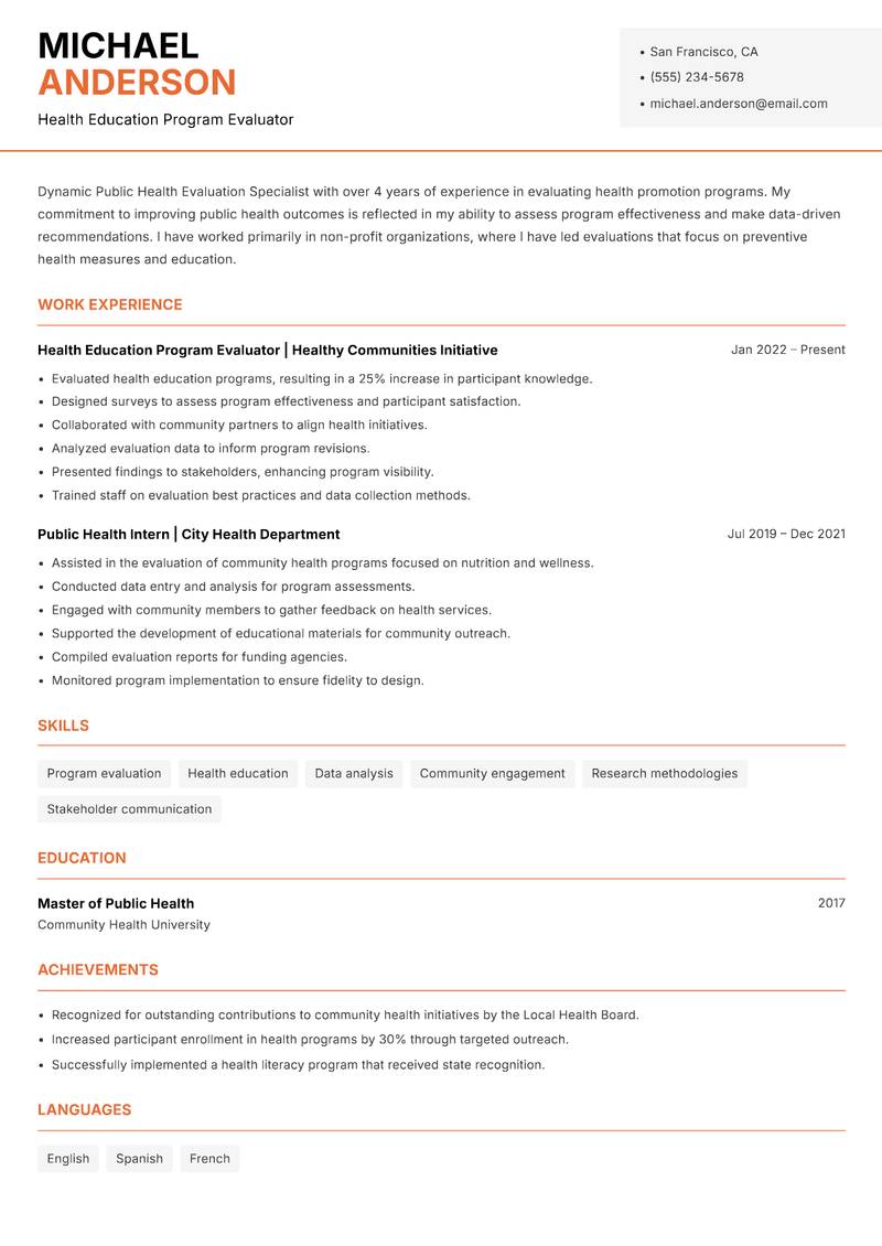 Public Health Evaluation Specialist resume sample — Health Education Program Evaluator focus