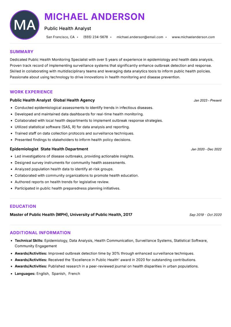 Public Health Monitoring Specialist resume example
