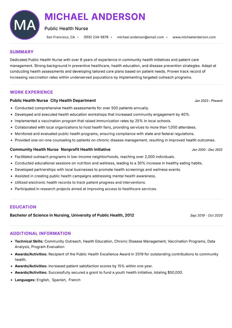 Public Health Nurse resume example