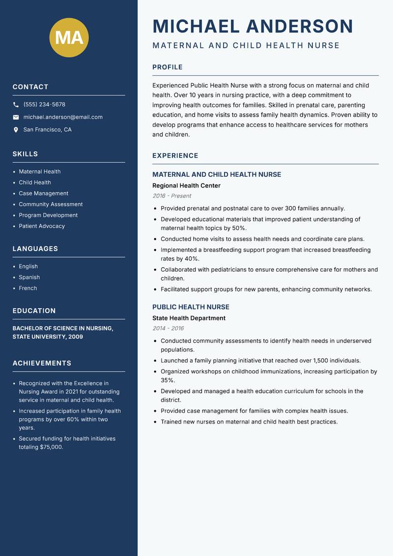 Public Health Nurse resume sample — Maternal and Child Health Nurse focus