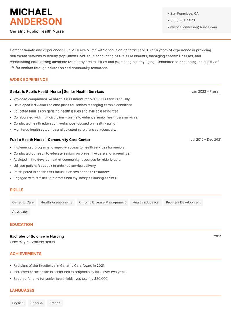 Public Health Nurse resume sample — Geriatric Public Health Nurse focus