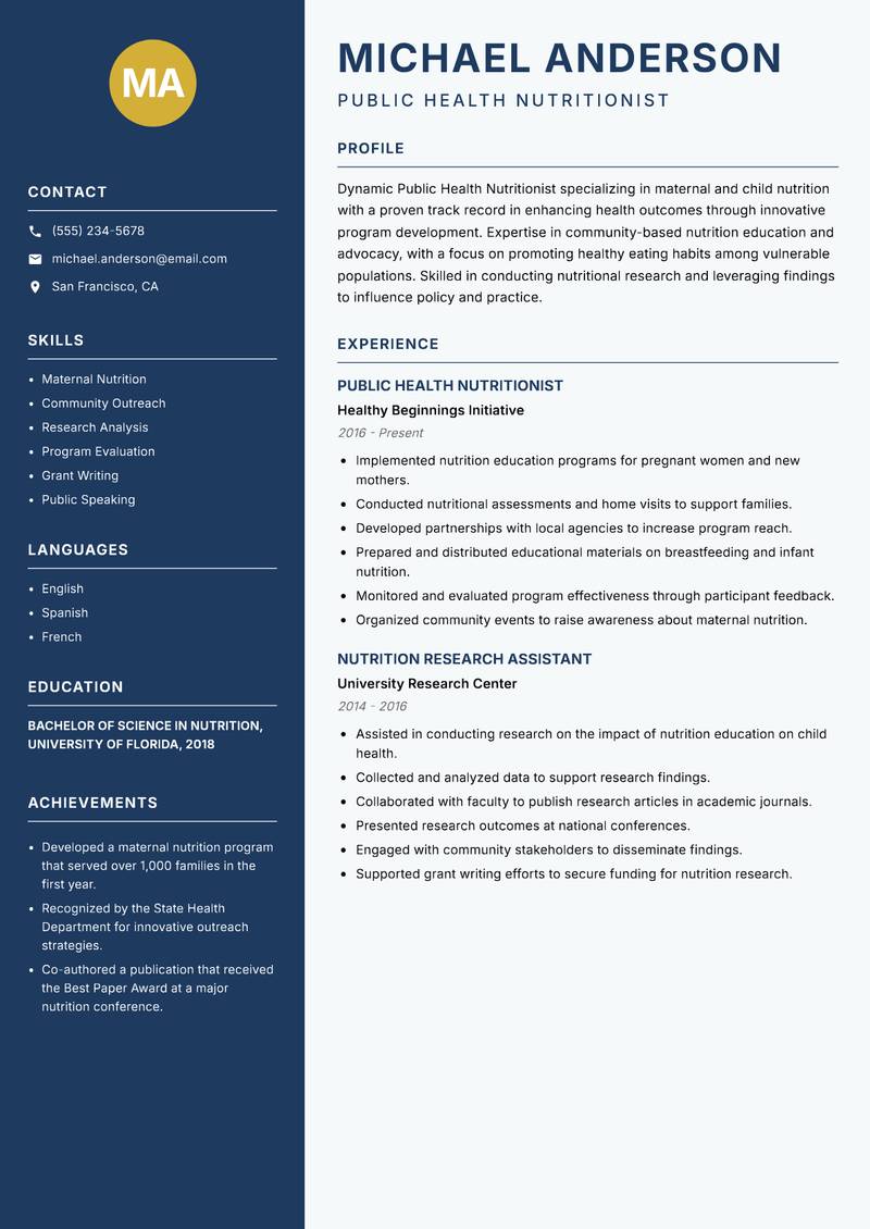 Public Health Nutritionist resume sample — Public Health Nutritionist focus