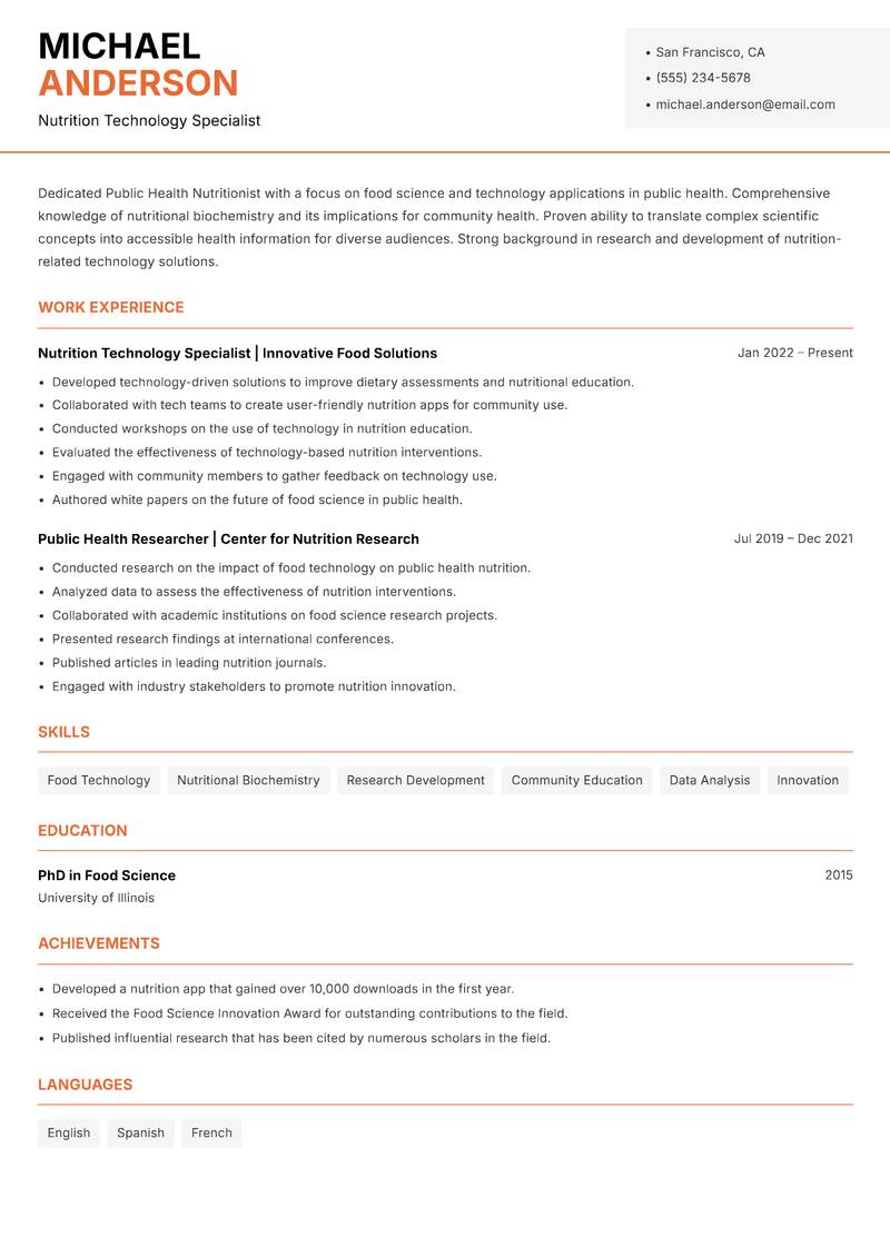 Public Health Nutritionist resume sample — Nutrition Technology Specialist focus