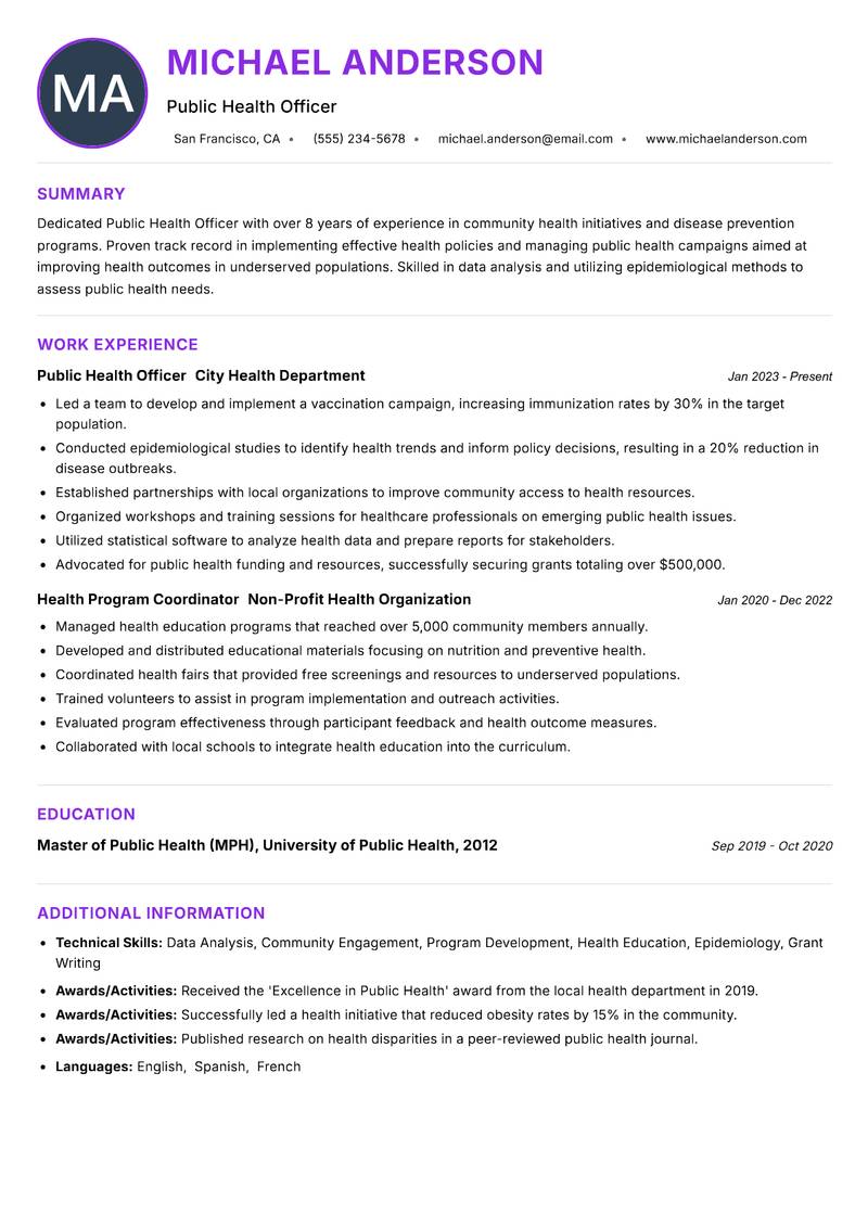 Public Health Officer resume example