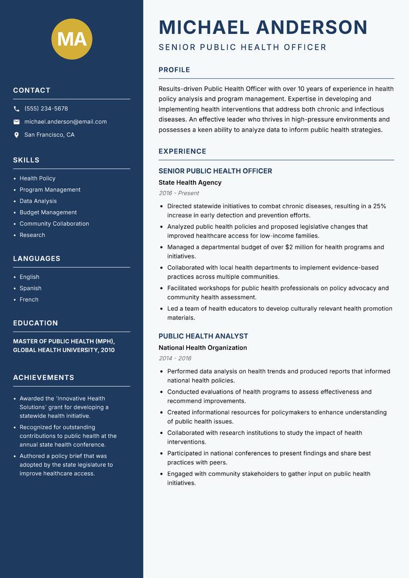 Public Health Officer resume sample — Senior Public Health Officer focus