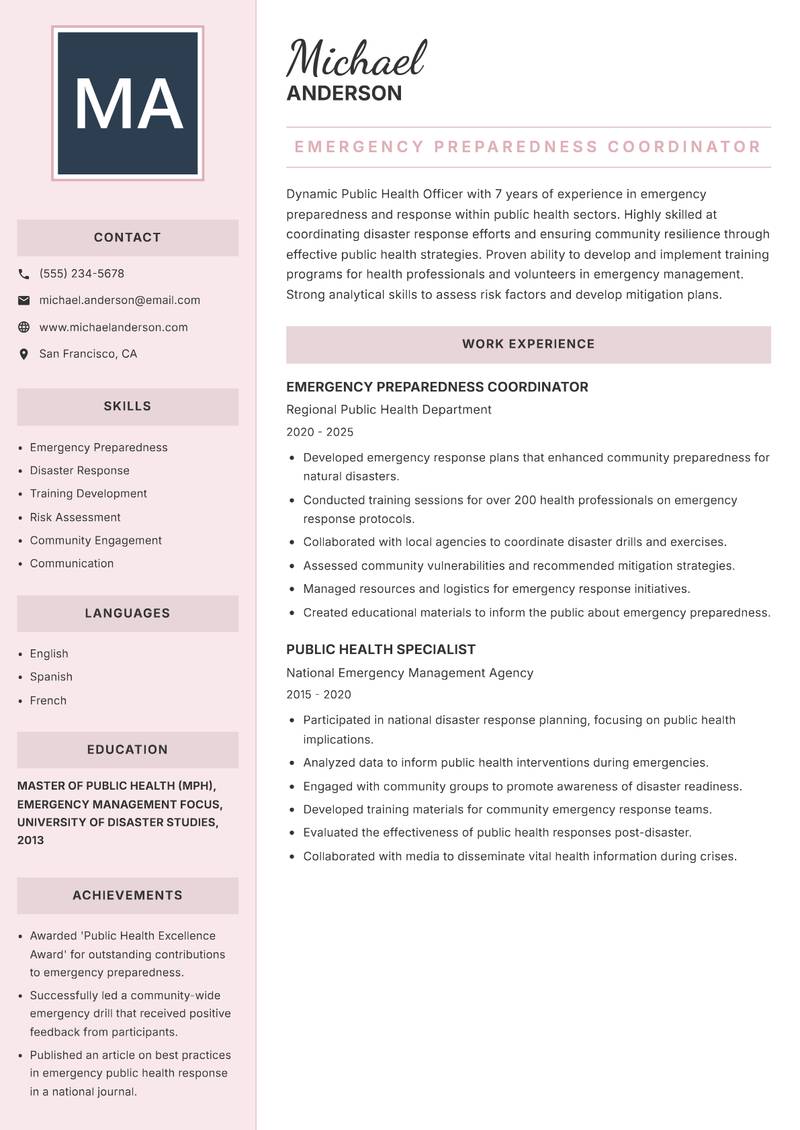 Public Health Officer resume sample — Emergency Preparedness Coordinator focus