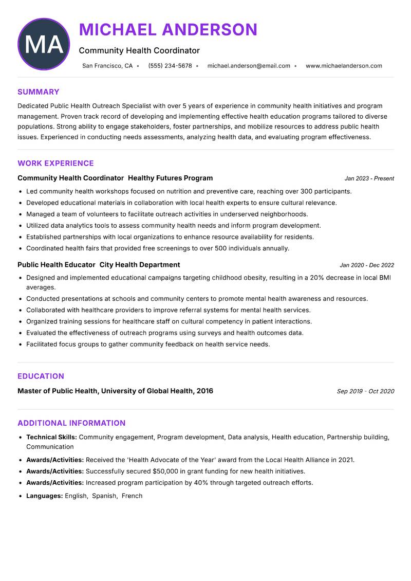 Public Health Outreach Specialist resume example