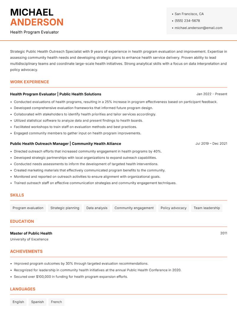 Public Health Outreach Specialist resume sample — Health Program Evaluator focus