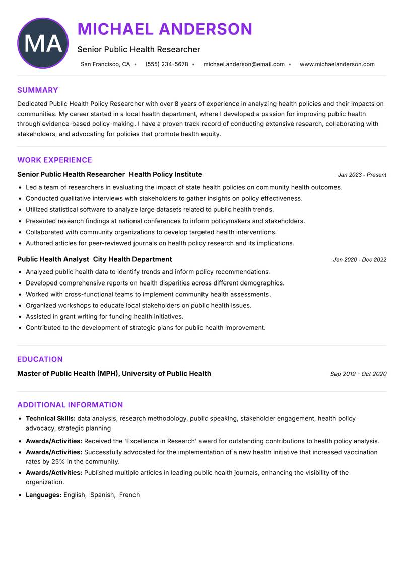 Public Health Policy Researcher resume example