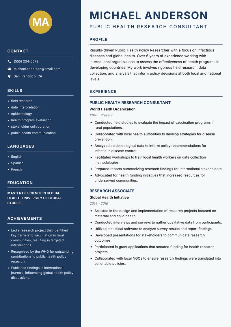 Public Health Policy Researcher resume sample — Public Health Research Consultant focus