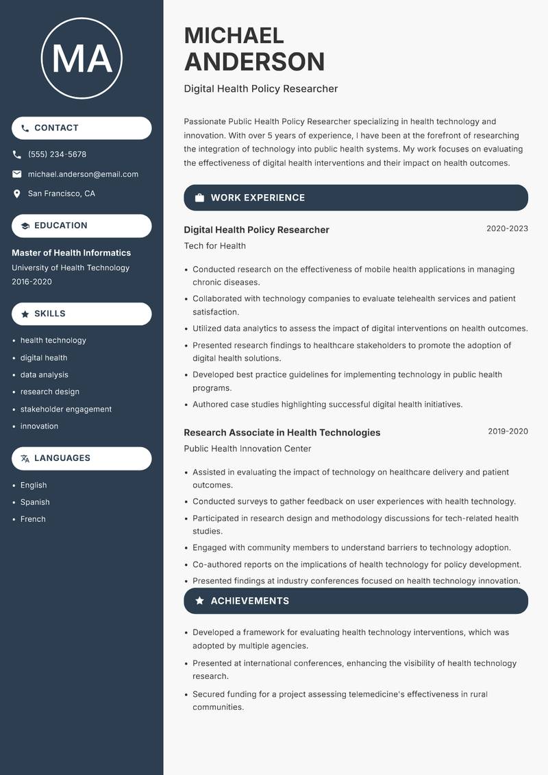 Public Health Policy Researcher resume sample — Digital Health Policy Researcher focus