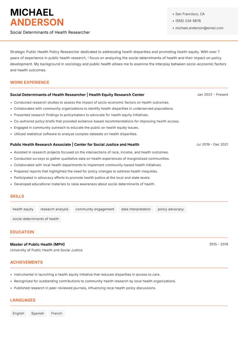 Public Health Policy Researcher resume sample — Social Determinants of Health Researcher focus