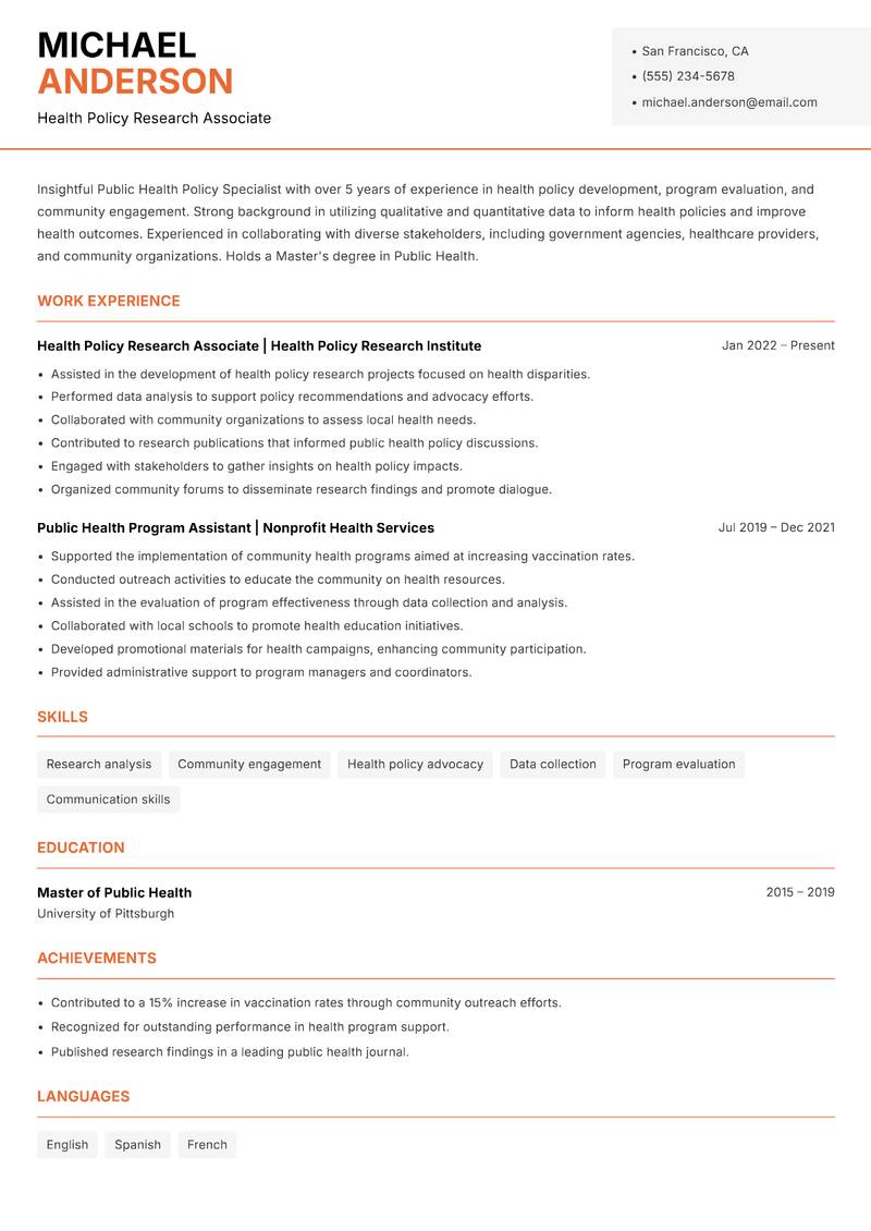 Public Health Policy Specialist resume sample — Health Policy Research Associate focus