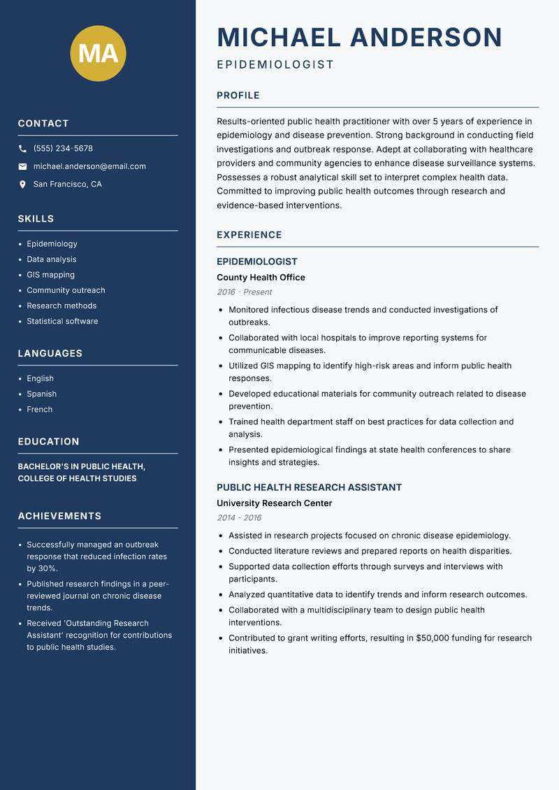 Public Health Practitioner resume sample — Epidemiologist focus