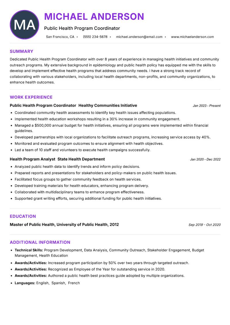 Public Health Program Coordinator resume example