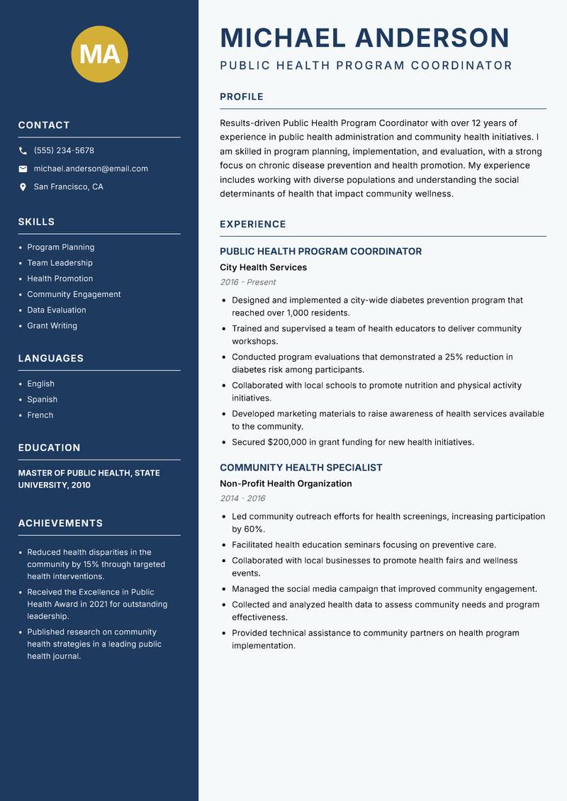 Public Health Program Coordinator resume sample — Public Health Program Coordinator focus