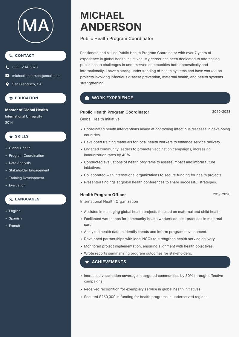 Public Health Program Coordinator resume sample — Public Health Program Coordinator focus