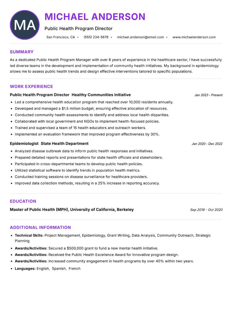 Public Health Program Manager resume example