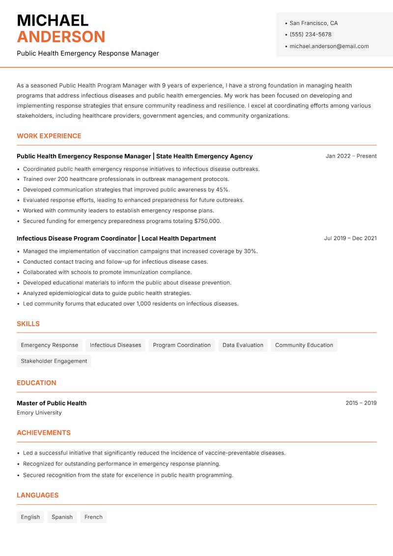 Public Health Program Manager resume sample — Public Health Emergency Response Manager focus