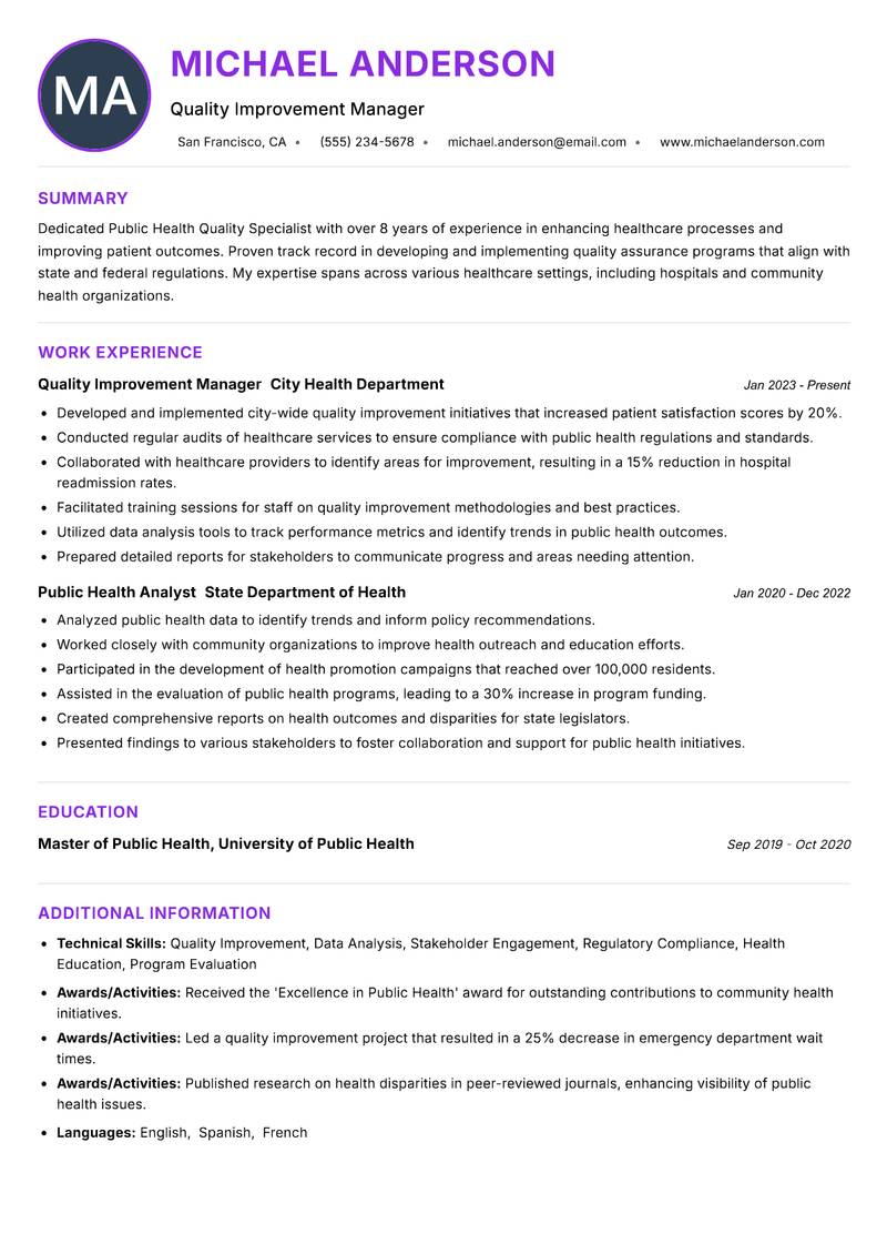 Public Health Quality Specialist resume example