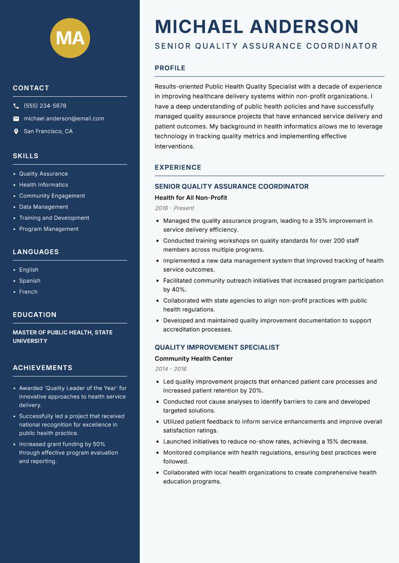 Public Health Quality Specialist resume sample — Senior Quality Assurance Coordinator focus