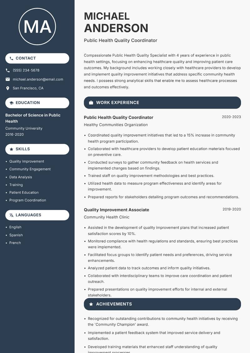 Public Health Quality Specialist resume sample — Public Health Quality Coordinator focus