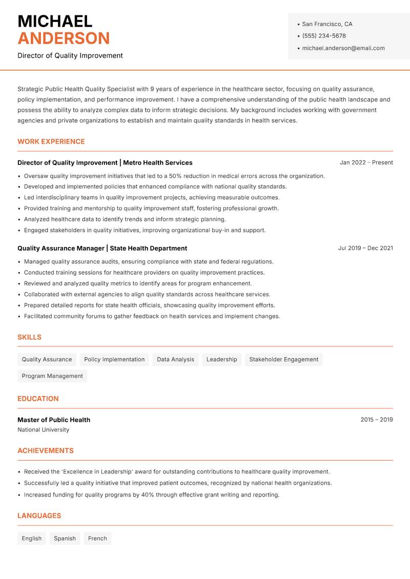 Public Health Quality Specialist resume sample — Director of Quality Improvement focus