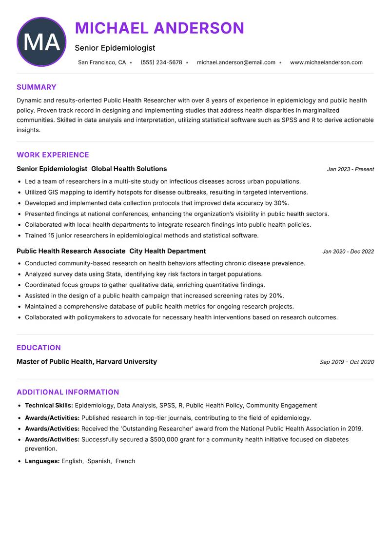 Public Health Researcher resume example