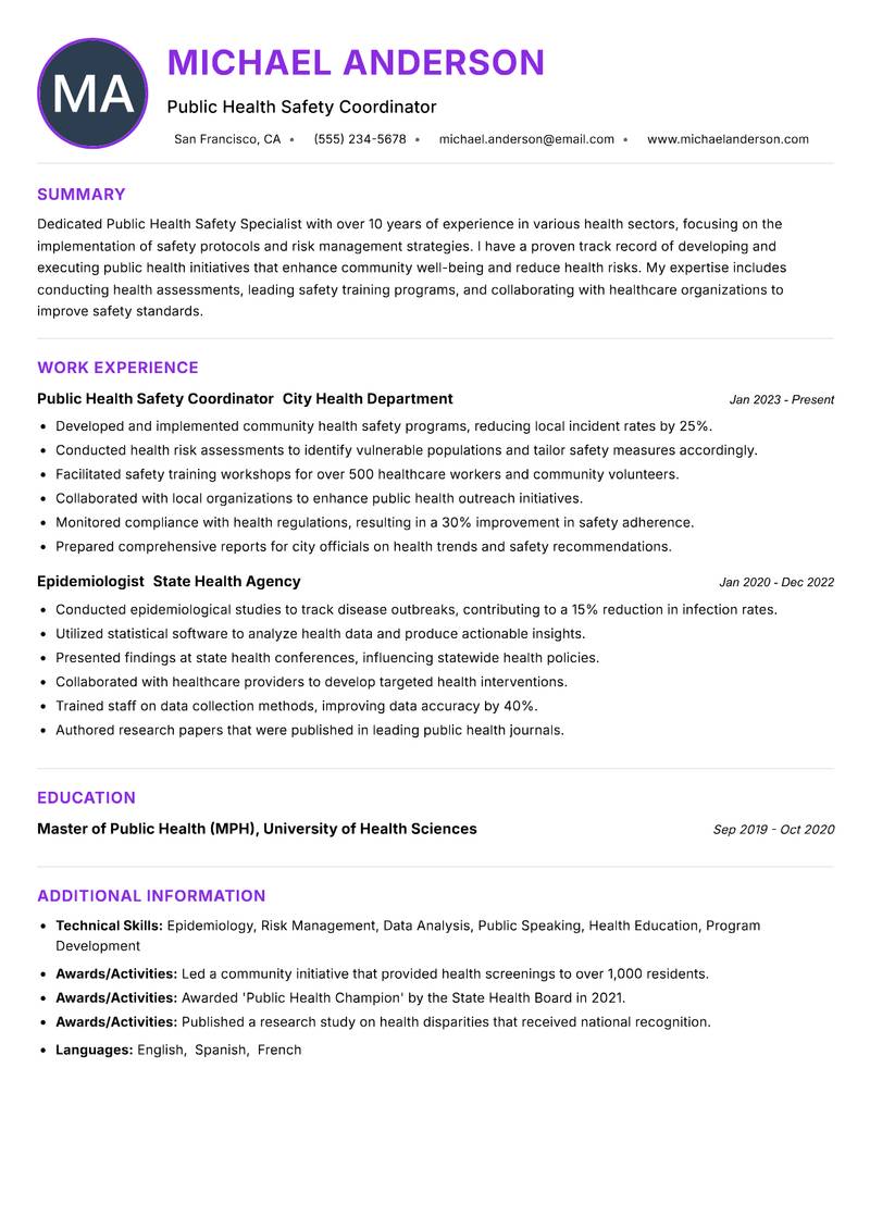 Public Health Safety Specialist resume example