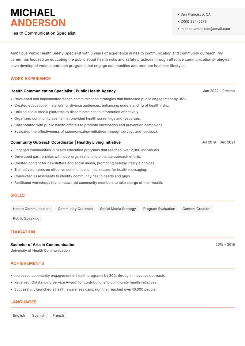 Public Health Safety Specialist resume sample — Health Communication Specialist focus