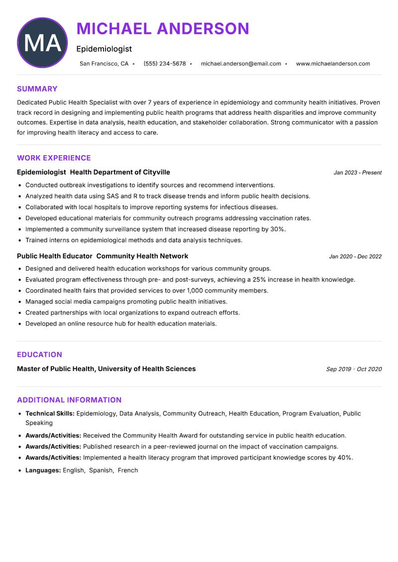 Public Health Specialist resume example