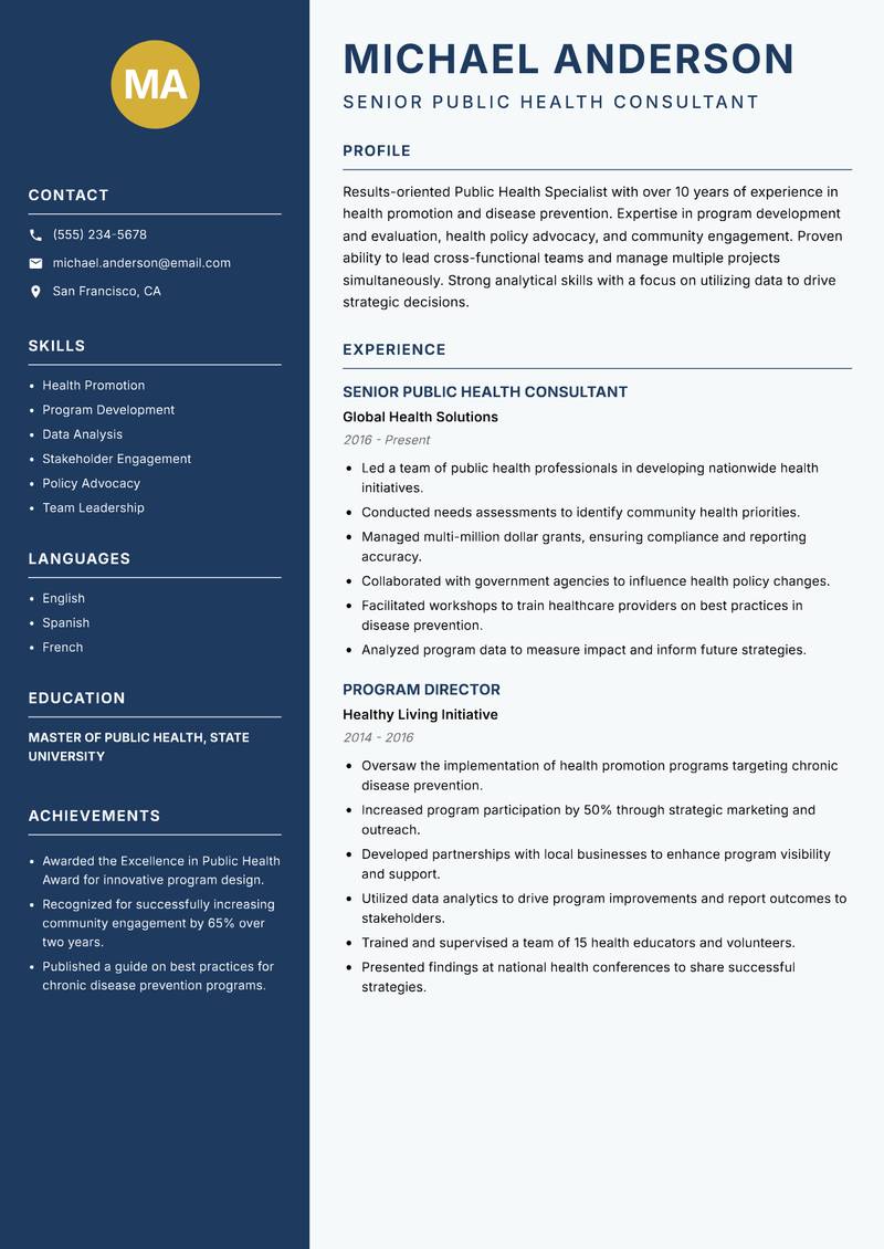 Public Health Specialist resume sample — Senior Public Health Consultant focus