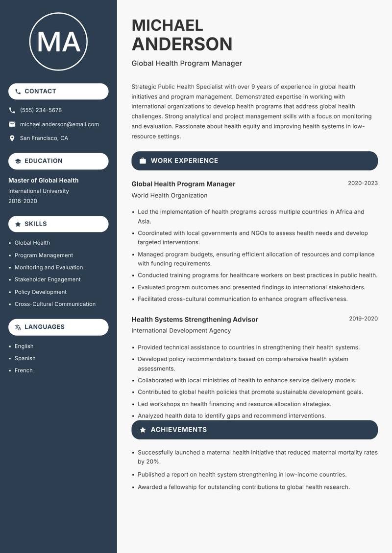 Public Health Specialist resume sample — Global Health Program Manager focus