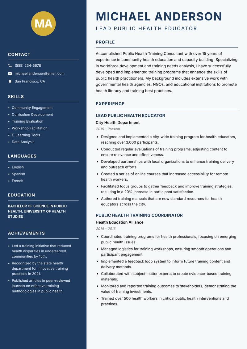 Public Health Training Consultant resume sample — Lead Public Health Educator focus