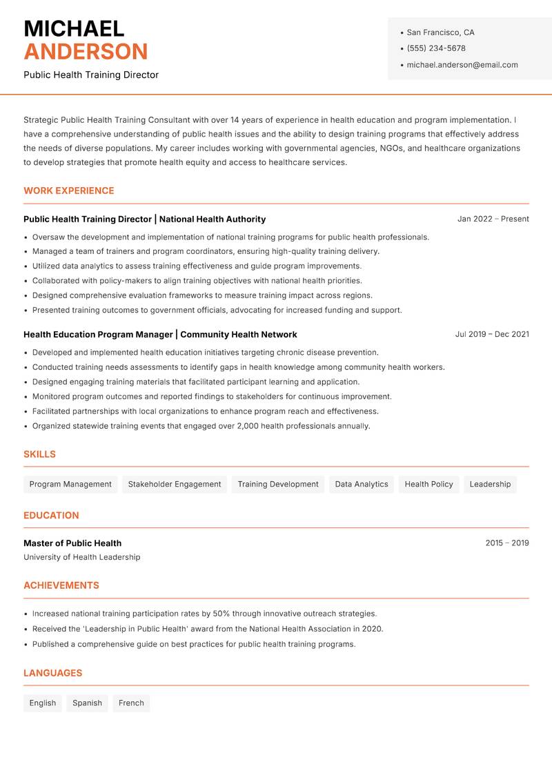 Public Health Training Consultant resume sample — Public Health Training Director focus