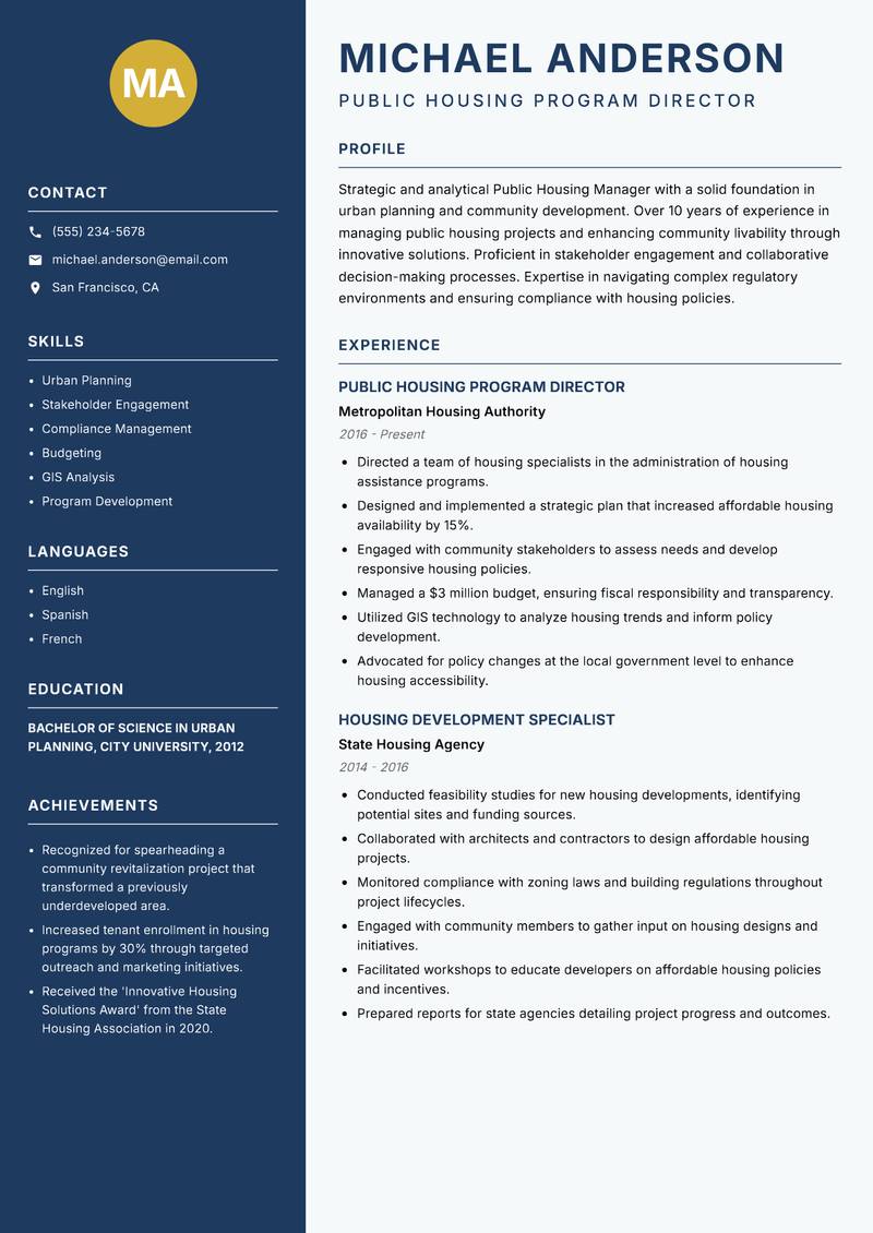 Public Housing Manager resume sample — Public Housing Program Director focus
