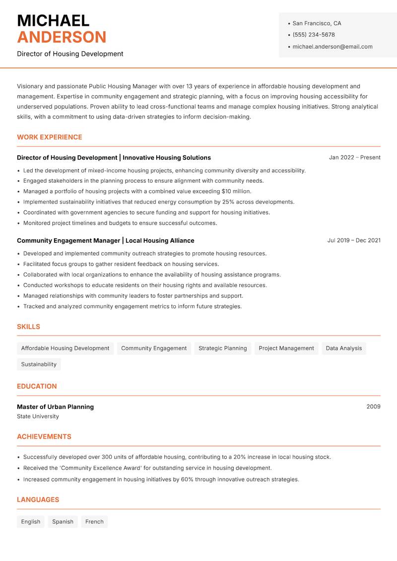 Public Housing Manager resume sample — Director of Housing Development focus