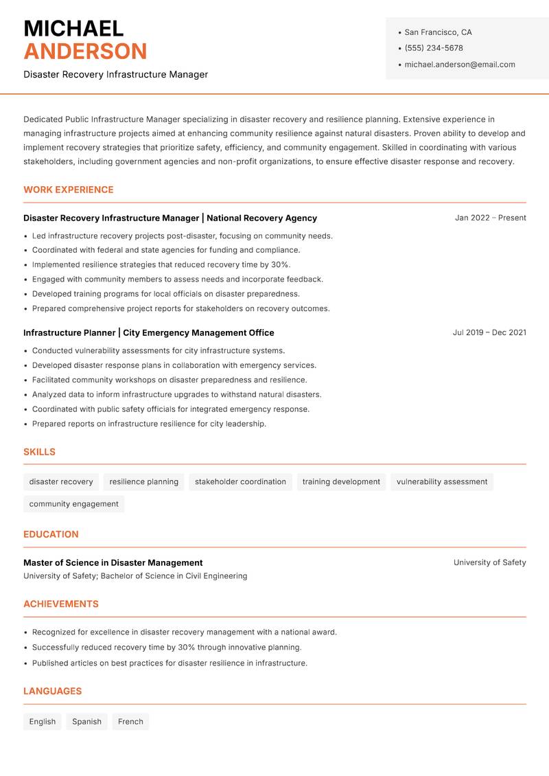 Public Infrastructure Manager resume sample — Disaster Recovery Infrastructure Manager focus